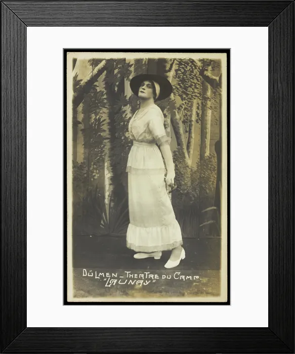 Framed Print : A prisoner of war acting in an internment camp in Dulmen, performing in drag, wear... [1910-1919?]. Creator: Unknown