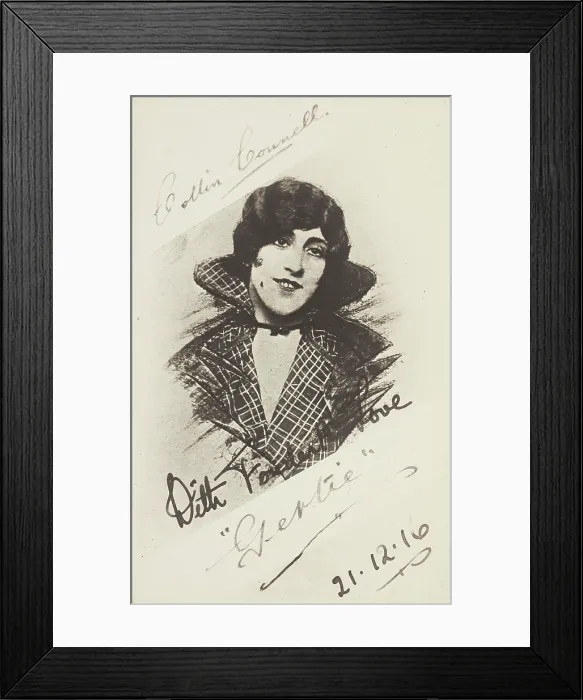 Framed Print : An man in drag as 'Gertie' wearing a checked coat, 1916. Creator: Unknown Framed Print : An man in drag as 'Gertie' wearing a checked coat, 1916. Creator: Unknown