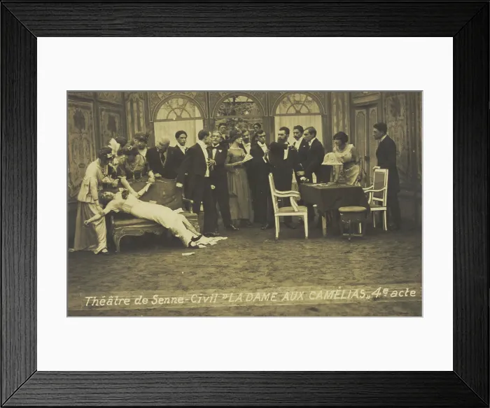 Framed Print : French or Belgian prisoners of war, some in drag, posing on stage during a crowded scene... [1918?] Creator: Unknown