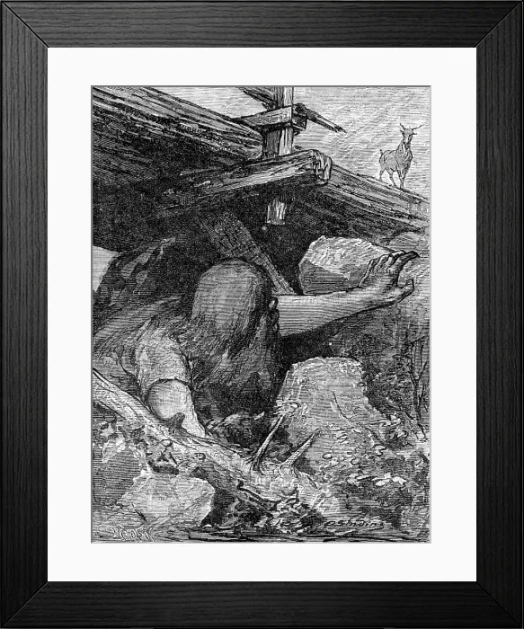 Framed Print : The Big Billy-Goat and the Troll: from 'Round The Yule Log:' Norwegian Folk and Fairy Tales, 1881. Creator: Otto Sinding Framed Print : The Big Billy-Goat and the Troll: from 'Round The Yule Log:' Norwegian Folk and Fairy Tales, 1881. Creator: Otto Sinding