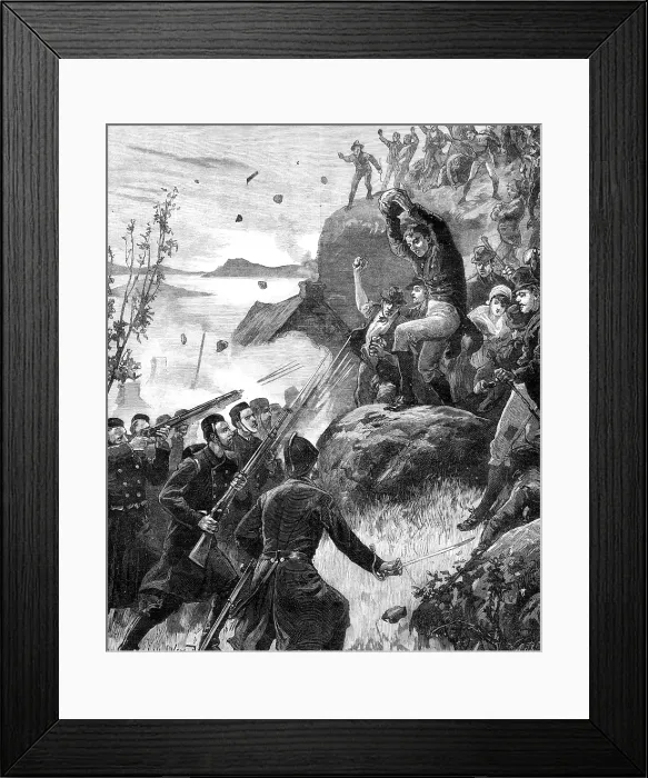 Framed Print : The State of Ireland: the affray at Belmullet, County Mayo, from a sketch by A. O'Kelly, 1881 Framed Print : The State of Ireland: the affray at Belmullet, County Mayo, from a sketch by A. O'Kelly, 1881