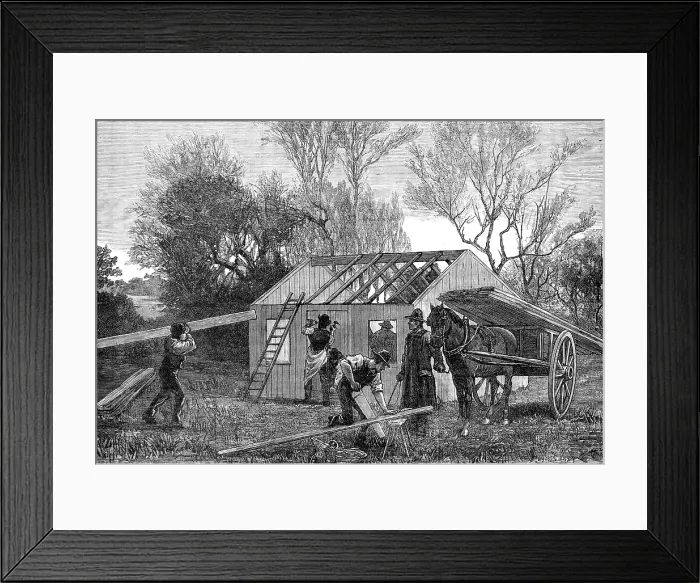 Framed Print : Sketches in Ireland: building a Land-League hut for evicted tenants, Hacketstown, Co. Carlow, 1881. Creator: Unknown Framed Print : Sketches in Ireland: building a Land-League hut for evicted tenants, Hacketstown, Co. Carlow, 1881. Creator: Unknown