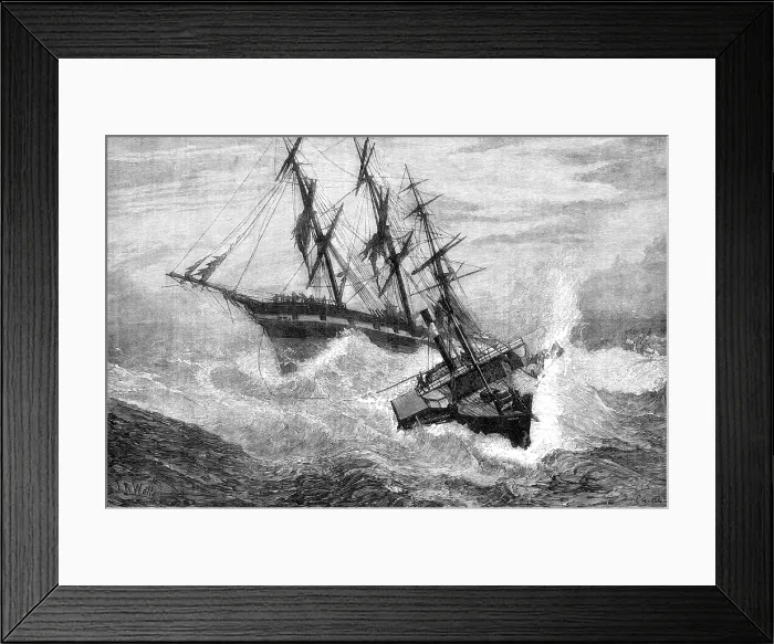 Framed Print : A Channel tug trying to get a rope on board a distressed vessel in a storm, 1881. Creator: John Greenaway Framed Print : A Channel tug trying to get a rope on board a distressed vessel in a storm, 1881. Creator: John Greenaway