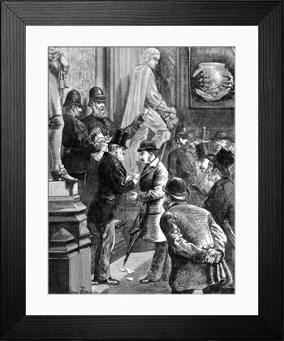 Framed Print : Drawing lots for admission to the Strangers Gallery, House of Commons, 1881 Framed Print : Drawing lots for admission to the Strangers Gallery, House of Commons, 1881