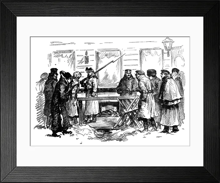 Framed Print : Sketches in St. Petersburg: cheesemonger's shop...where the mine was discovered, 1881. Creator: Unknown. Sketches in St Framed Print : Sketches in St. Petersburg: cheesemonger's shop...where the mine was discovered, 1881. Creator: Unknown. Sketches in St