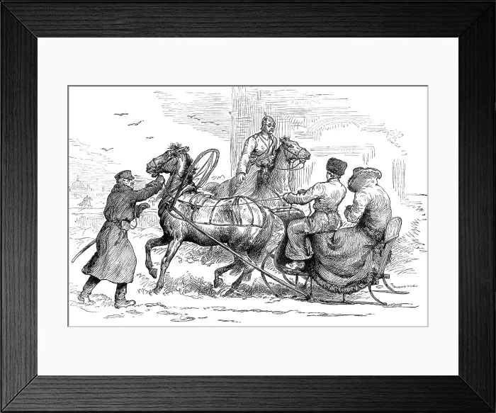 Framed Print : Sketches in St. Petersburg: sledge approaching the city stopped by police, 1881. Creator: Unknown Framed Print : Sketches in St. Petersburg: sledge approaching the city stopped by police, 1881. Creator: Unknown