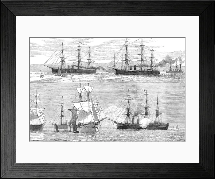Framed Print : The Flying Squadron entering the Bay of Yedo [and] the Bacchante saluting the Japanese flag, 1881. Creator: Unknown
