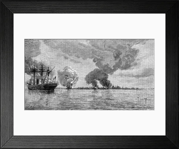 Framed Print : Destruction of the Peruvian fleet by the Peruvians before evacuating Callao, 1881. Creator: Unknown