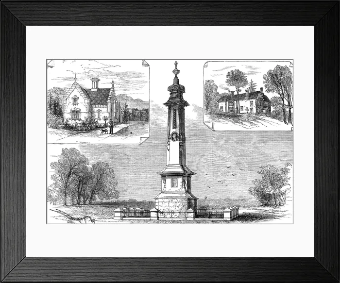 Framed Print : Lodge Gate; Vicarage; monument to the memory of Isaac Disraeli and Viscountess Beaconsfield, 1881. Creator: Unknown Framed Print : Lodge Gate; Vicarage; monument to the memory of Isaac Disraeli and Viscountess Beaconsfield, 1881. Creator: Unknown