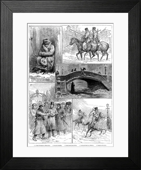 Framed Print : Sketches in St. Petersburg: Night Watchman; Cossacks Patrolling; Sentinel under Canal Bridge... 188 Creator: Unknown Framed Print : Sketches in St. Petersburg: Night Watchman; Cossacks Patrolling; Sentinel under Canal Bridge... 188 Creator: Unknown