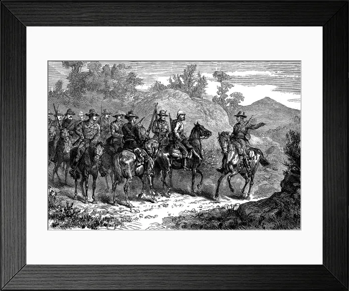 Framed Print : The Basuto War: colonial volunteers reconnoitring - return of the scout, 1881. Creator: Unknown Framed Print : The Basuto War: colonial volunteers reconnoitring - return of the scout, 1881. Creator: Unknown