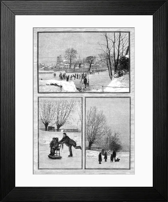 Framed Print : Scenes on the frozen Thames: an extemporised sledge; at Twickenham; near Teddington, 1881. Creator: Unknown Framed Print : Scenes on the frozen Thames: an extemporised sledge; at Twickenham; near Teddington, 1881. Creator: Unknown