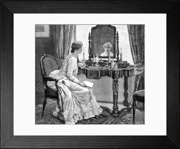 Framed Print : Then, looking up in her trouble and perplexity, she caught sight of her own face in the glass, 1883. Creator: R. Taylor