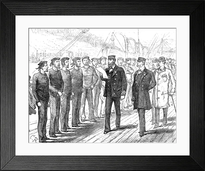 Framed Print : Departure of a Cunard steamer from Liverpool: muster of the crew for inspection, 1881. Creator: Unknown Framed Print : Departure of a Cunard steamer from Liverpool: muster of the crew for inspection, 1881. Creator: Unknown