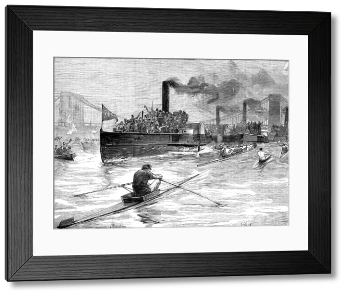 Framed Print : Sculling-race on Monday last for the Championship of the World, ...above Hammersmith Bridge, 1881. Creator: Unknown Framed Print : Sculling-race on Monday last for the Championship of the World, ...above Hammersmith Bridge, 1881. Creator: Unknown