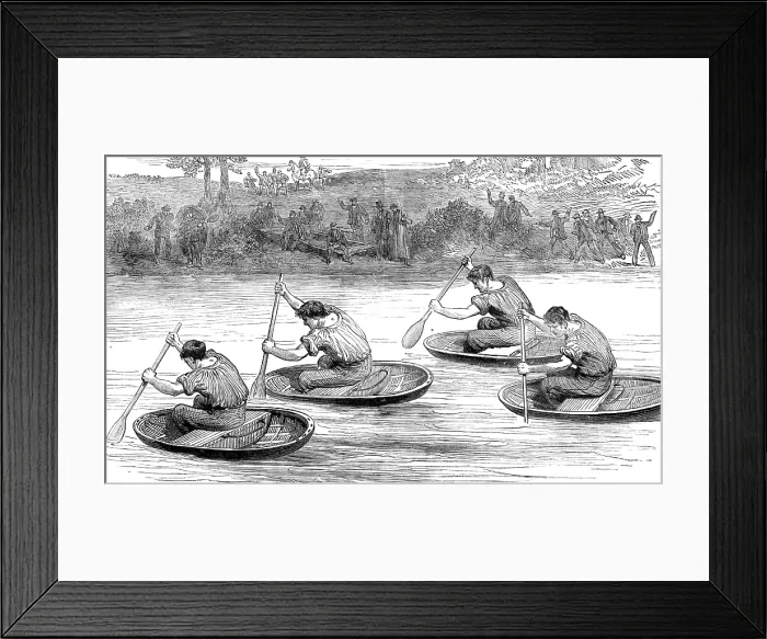 Framed Print : A coracle-race on the Severn, at Ironbridge, Shropshire, 1881. Creator: Unknown Framed Print : A coracle-race on the Severn, at Ironbridge, Shropshire, 1881. Creator: Unknown