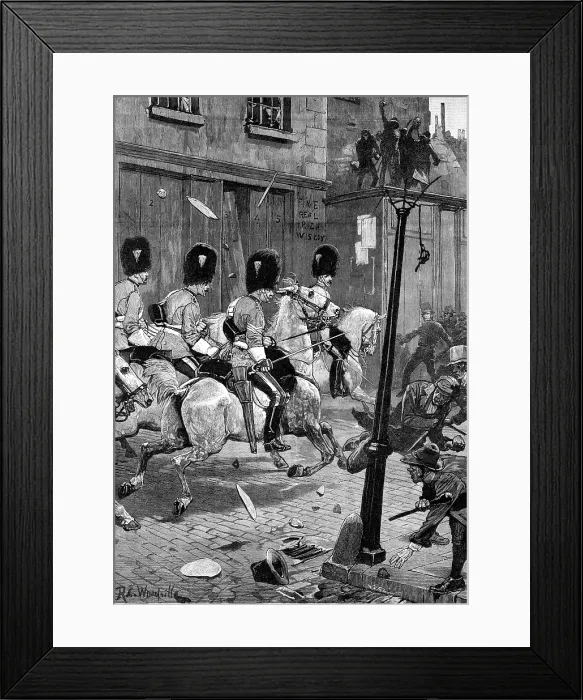 Framed Print : The Irish Land League Agitation: Scots Greys charging the mob at Limerick, 1881. Creator: William James Palmer Framed Print : The Irish Land League Agitation: Scots Greys charging the mob at Limerick, 1881. Creator: William James Palmer