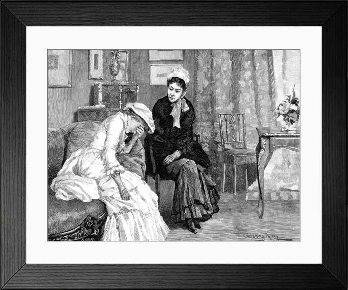 Framed Print : Sophy, huddled upon the sofa, ...her...hands hiding her pretty face, answered only by her sobs, 1883. Creator: R. Taylor Framed Print : Sophy, huddled upon the sofa, ...her...hands hiding her pretty face, answered only by her sobs, 1883. Creator: R. Taylor