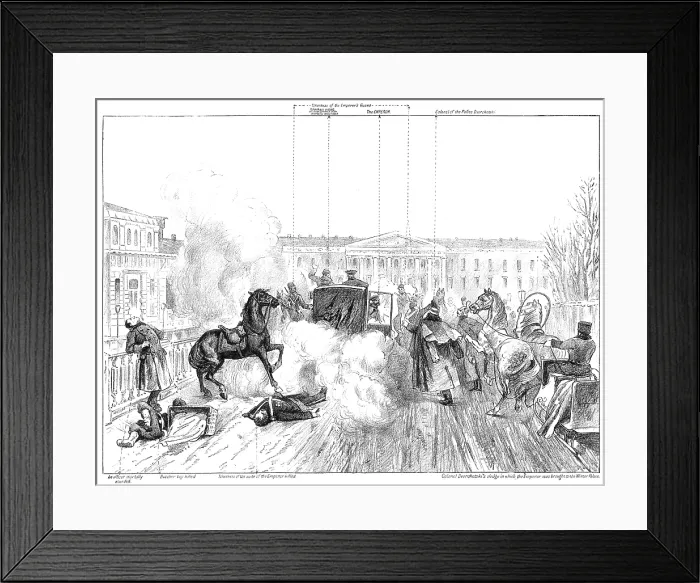 Framed Print : Assassination of Alexander II.: sketch showing exactly how the Emperor was attacked, 1881. Creator: Unknown Framed Print : Assassination of Alexander II.: sketch showing exactly how the Emperor was attacked, 1881. Creator: Unknown