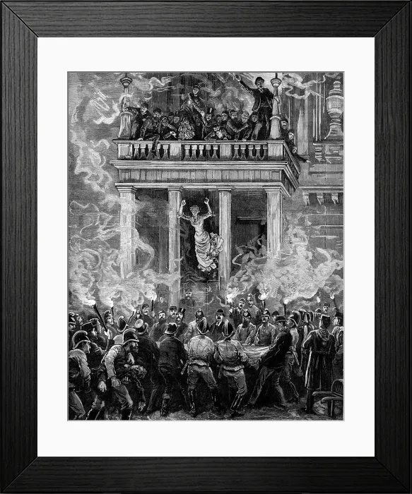 Framed Print : Burning of the Ring Theatre, Vienna: how some were saved - from a sketch by A. Schonauer, 1881. Creator: Unknown Framed Print : Burning of the Ring Theatre, Vienna: how some were saved - from a sketch by A. Schonauer, 1881. Creator: Unknown