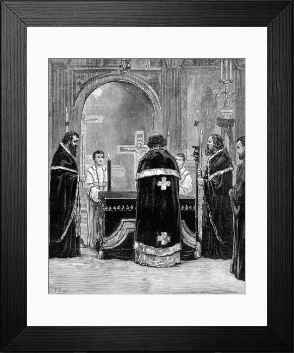 Framed Print : Memorial service for the late Emperor of Russia in the Greek Church, Moscow-Road, Bayswater, 1881. Creator: Unknown Framed Print : Memorial service for the late Emperor of Russia in the Greek Church, Moscow-Road, Bayswater, 1881. Creator: Unknown