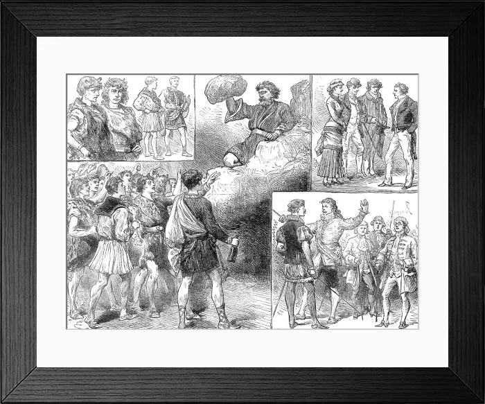 Framed Print : Sketches at King's College School Theatricals, 1881. Creator: Unknown. Sketches at King's College School Theatricals, 1881. Creator: Unknown Framed Print : Sketches at King's College School Theatricals, 1881. Creator: Unknown. Sketches at King's College School Theatricals, 1881. Creator: Unknown