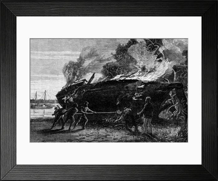 Framed Print : Burning a condemned slave dhow at Funzi, Pemba Island, 1881. Creator: Unknown Framed Print : Burning a condemned slave dhow at Funzi, Pemba Island, 1881. Creator: Unknown