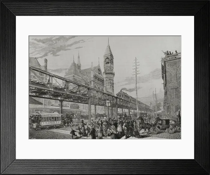 Framed Print : Inauguration of the elevated railway over streets and squares, New York, April 29, 1878. Creator: Enrique Alba Framed Print : Inauguration of the elevated railway over streets and squares, New York, April 29, 1878. Creator: Enrique Alba