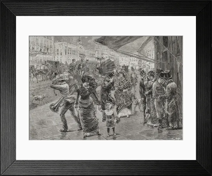 Framed Print : 'Puerta del Sol' (Gate of the Sun), Madrid, 1878. People walking surprised by the wind. Creator: Enrique Alba Framed Print : 'Puerta del Sol' (Gate of the Sun), Madrid, 1878. People walking surprised by the wind. Creator: Enrique Alba