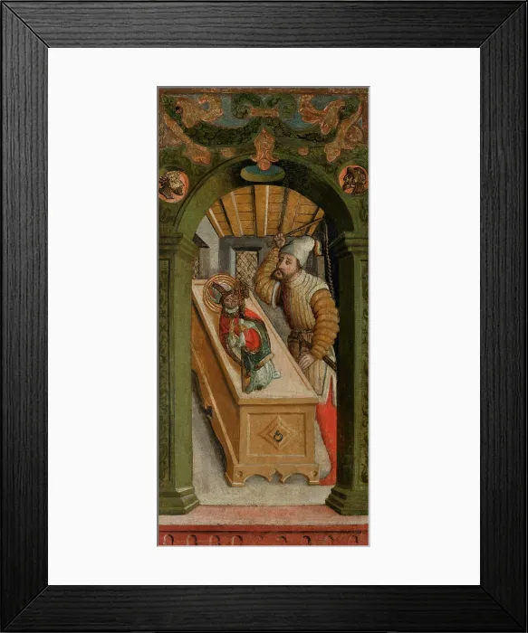 Framed Print : Scene from the Legend of St Nicholas-Jew Flogging a Figure of the Saint... 1st half of 16th cent. Creator: Unknown Framed Print : Scene from the Legend of St Nicholas-Jew Flogging a Figure of the Saint... 1st half of 16th cent. Creator: Unknown