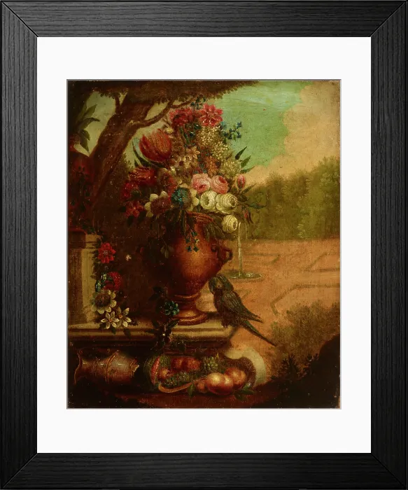Framed Print : Still Life with Flowers and a Parrot, second half of 19th century. Creator: Unknown Framed Print : Still Life with Flowers and a Parrot, second half of 19th century. Creator: Unknown