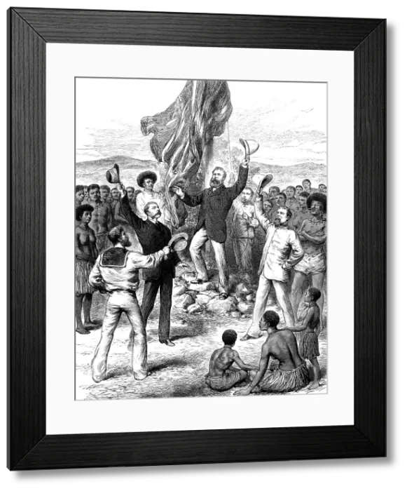 Framed Print : Hoisting the British Flag in New Guinea: Mr. H. M. Chester...calling for cheers, 1883. Creator: Unknown Framed Print : Hoisting the British Flag in New Guinea: Mr. H. M. Chester...calling for cheers, 1883. Creator: Unknown