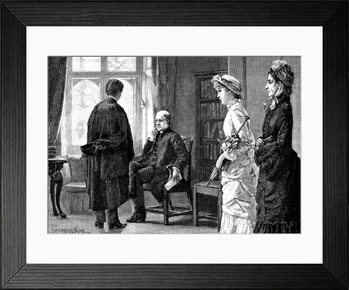 Framed Print : While he was yet speaking the door opened, and two ladies entered the room, 1883. Creator: R. Taylor Framed Print : While he was yet speaking the door opened, and two ladies entered the room, 1883. Creator: R. Taylor
