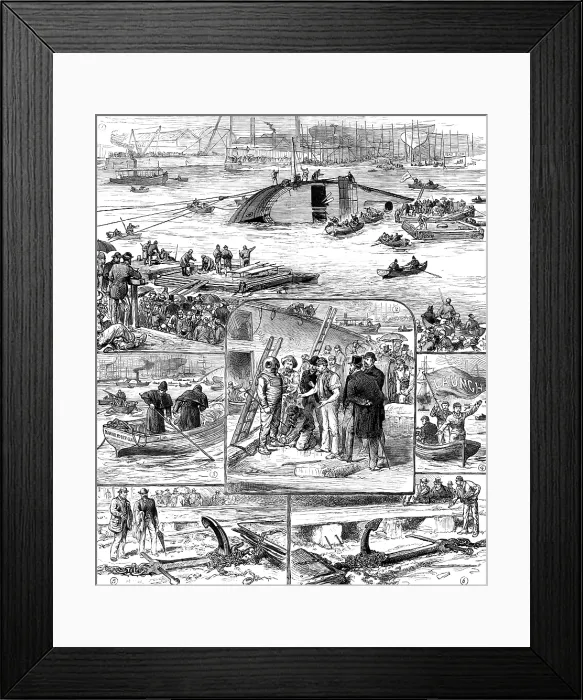 Framed Print : Sketches of the Ship-Launch Disaster at Glasgow, 1883. Creator: Unknown Framed Print : Sketches of the Ship-Launch Disaster at Glasgow, 1883. Creator: Unknown
