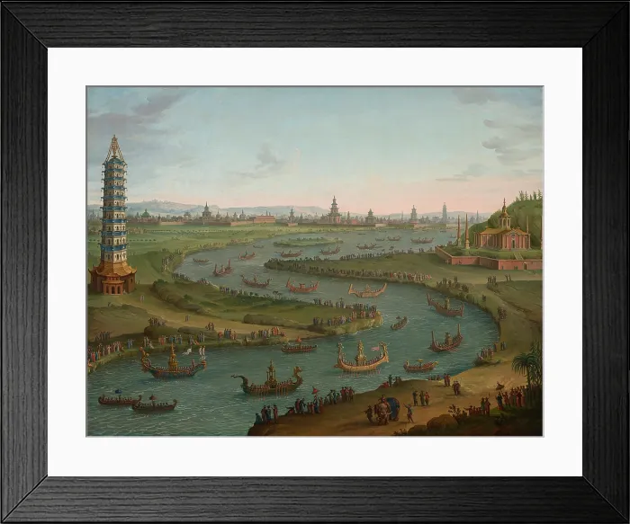 Framed Print : A capriccio with the French Ambassador approaching the King of Siam's Palace in a state barge Framed Print : A capriccio with the French Ambassador approaching the King of Siam's Palace in a state barge