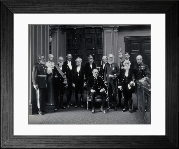 Framed Print : Fellows of the Royal Society: Sir John Evans, bust of Sir Isaac Newton, Lord Kelvin, RB Clifton... Creator: Mayall Framed Print : Fellows of the Royal Society: Sir John Evans, bust of Sir Isaac Newton, Lord Kelvin, RB Clifton... Creator: Mayall