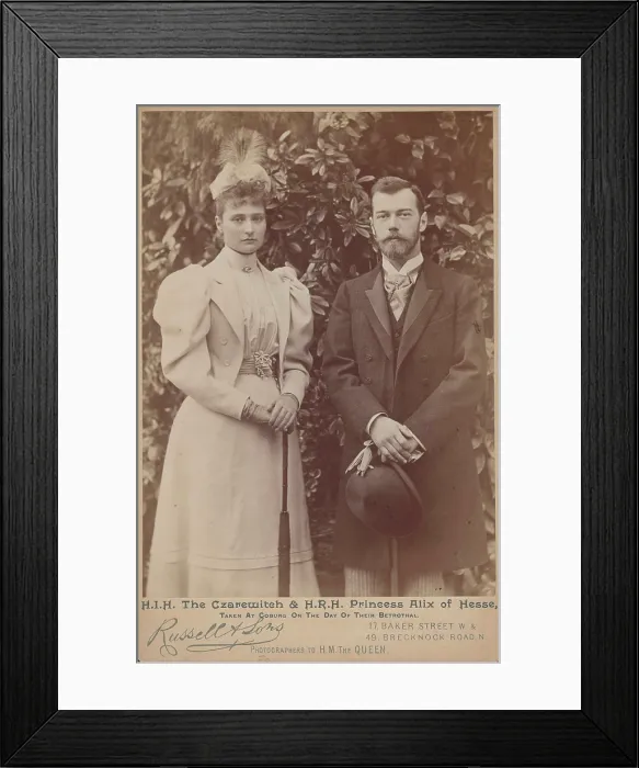 Framed Print : Princess Alix of Hesse and the Tsarevich Nicholas at Coburg on the day of their betrothal, 1894. Creator: Photo studio J. Russell & Sons, London Framed Print : Princess Alix of Hesse and the Tsarevich Nicholas at Coburg on the day of their betrothal, 1894. Creator: Photo studio J. Russell & Sons, London