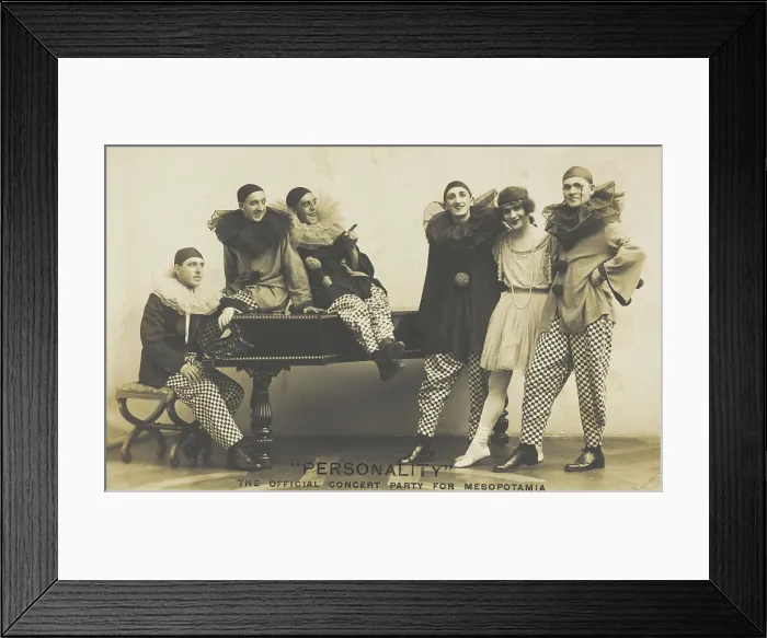 Framed Print : Soldiers, one in drag, performing in the concert party for Mesopotamia, posing...(1910-1919?). Creator: Hana Studios Framed Print : Soldiers, one in drag, performing in the concert party for Mesopotamia, posing...(1910-1919?). Creator: Hana Studios
