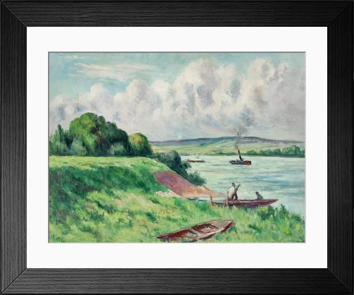 Framed Print : Rolleboise, barques et remorqueur sur le fleuve, 1919. Creator: Luce, Maximilien (1858-1941)