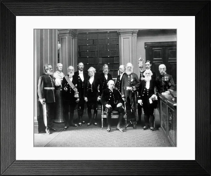 Framed Print : Fellows of the Royal Society: Sir John Evans, bust of Sir Isaac Newton, Lord Kelvin, RB Clifton... Creator: Mayall Framed Print : Fellows of the Royal Society: Sir John Evans, bust of Sir Isaac Newton, Lord Kelvin, RB Clifton... Creator: Mayall