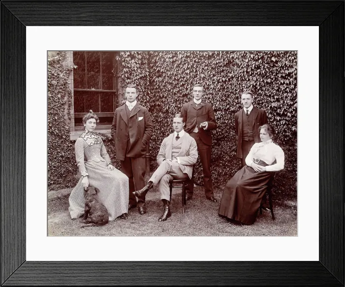 Framed Print : Claybury Asylum, Woodford, Essex: six members of staff, and a dog, (1893?). Creator: London & County Photographic Co Framed Print : Claybury Asylum, Woodford, Essex: six members of staff, and a dog, (1893?). Creator: London & County Photographic Co