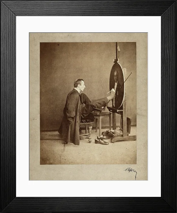 Framed Print : A man painting an oval portrait using his feet, c1870. Creator: Joseph Dupont Framed Print : A man painting an oval portrait using his feet, c1870. Creator: Joseph Dupont