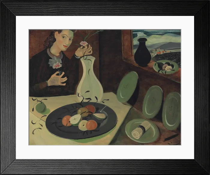 Framed Print : Assiette de fruits et femme disposant des fleurs dans un vase, c1947. Creator: Derain, Andre (1880-1954) Framed Print : Assiette de fruits et femme disposant des fleurs dans un vase, c1947. Creator: Derain, Andre (1880-1954)