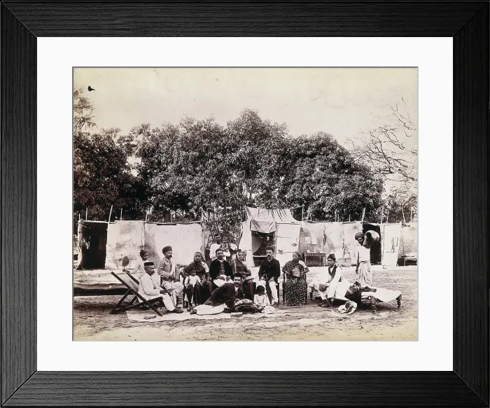 Framed Print : An affluent family forced to leave their home due to plague in their neighbourhood sitting...1896 / 7. Creator: Unknown