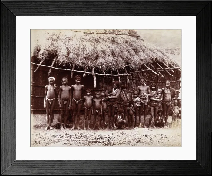 Framed Print : A group of adults and children standing in a line outside a bamboo hut with a thatched... 1896 / 1897 Creator: Unknown Framed Print : A group of adults and children standing in a line outside a bamboo hut with a thatched... 1896 / 1897 Creator: Unknown