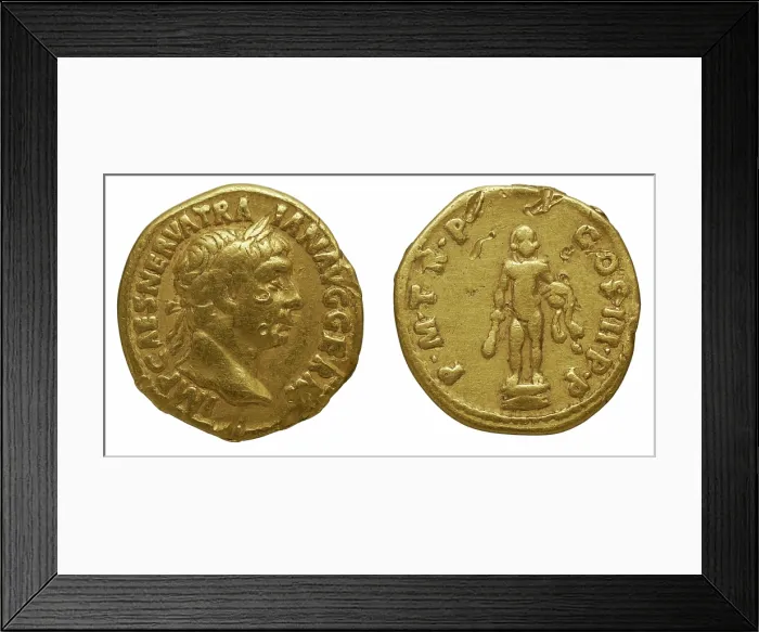 Framed Print : Aureus of Trajan. Obverse: Laurel head of Trajan on the right. Reverse: Statue of Hercules naked. Creator: Numismatic, Ancient Coins Framed Print : Aureus of Trajan. Obverse: Laurel head of Trajan on the right. Reverse: Statue of Hercules naked. Creator: Numismatic, Ancient Coins