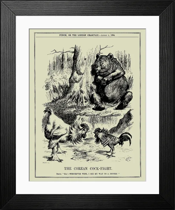 Framed Print : The Korean Cock-Fight. Bruin: 'Ha! - Whichever wins, I see my way to a dinner!' Punch, Aug 4, 1894. Creator: Tenniel, Sir John (1820-1914) Framed Print : The Korean Cock-Fight. Bruin: 'Ha! - Whichever wins, I see my way to a dinner!' Punch, Aug 4, 1894. Creator: Tenniel, Sir John (1820-1914)