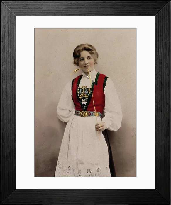 Framed Print : A young Norwegian woman, posing in a photographic studio wearing peasant dress, 1903. Creator: Solveig Lund Framed Print : A young Norwegian woman, posing in a photographic studio wearing peasant dress, 1903. Creator: Solveig Lund
