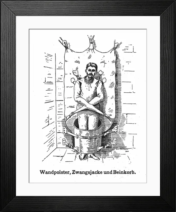 Framed Print : A mentally ill patient in a strait-jacket attached to the wall and a strange barrel... 1908. Creator: Unknown Framed Print : A mentally ill patient in a strait-jacket attached to the wall and a strange barrel... 1908. Creator: Unknown