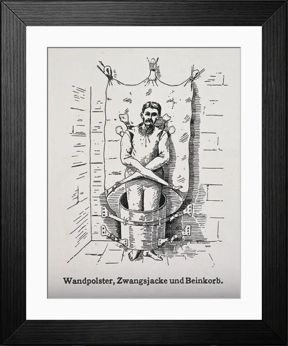 Framed Print : A mentally ill patient in a strait-jacket attached to the wall and a strange barrel shaped... 1908. Creator: Unknown Framed Print : A mentally ill patient in a strait-jacket attached to the wall and a strange barrel shaped... 1908. Creator: Unknown
